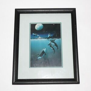Orca Killer Whales Over The Moon Small Print in 9x11" Frame Art Ocean Sea Decor